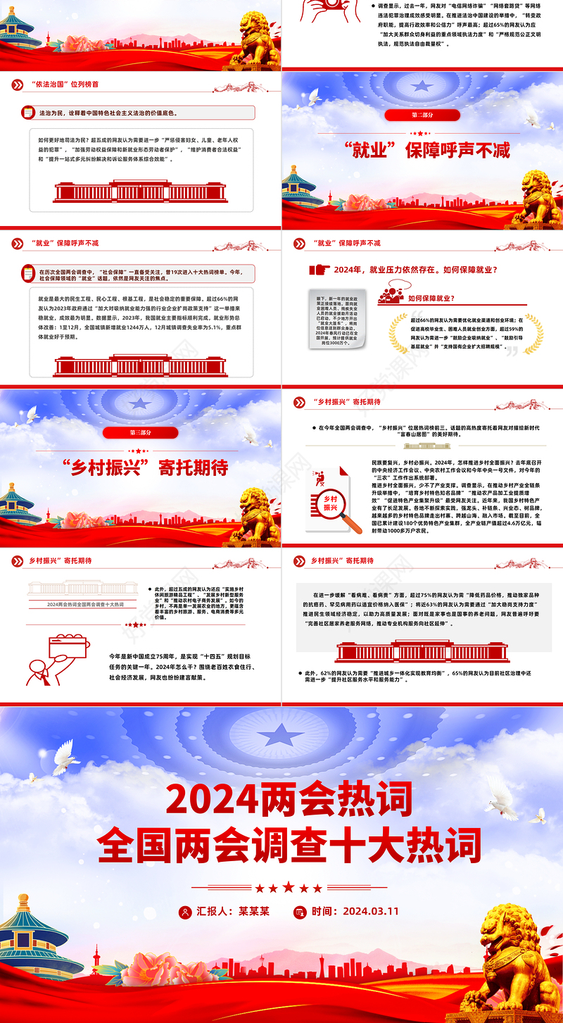 2024全国两会热词PPT红色简洁聚焦两会关注民生微党课