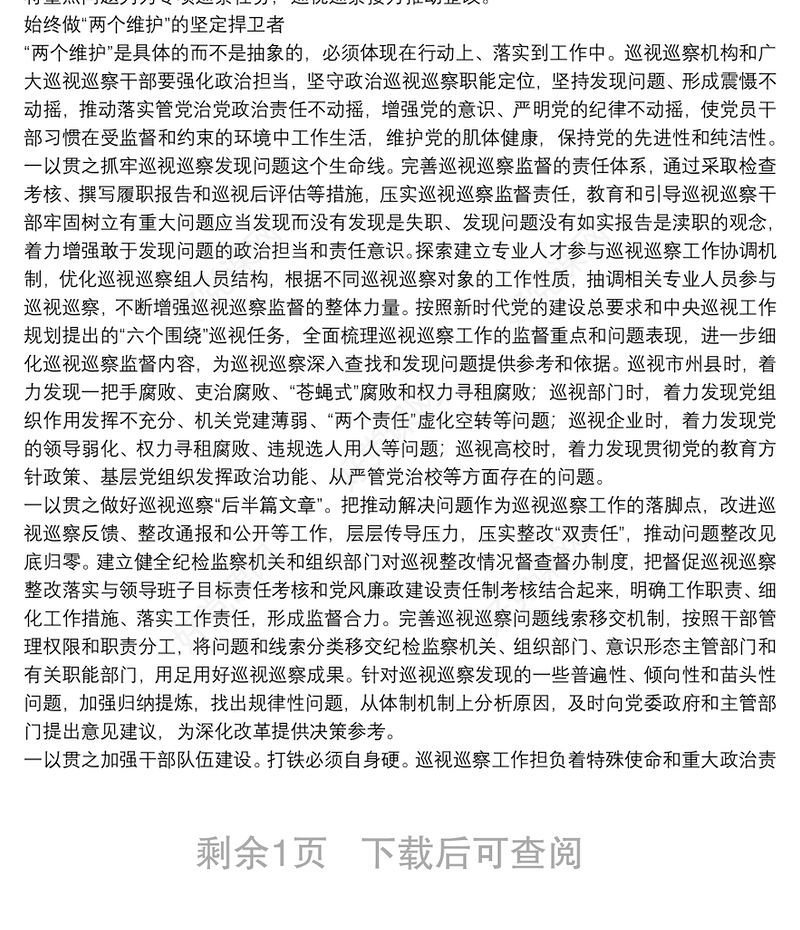政治巡察专题党课讲稿：深化政治巡视 坚决落实“两个维护”