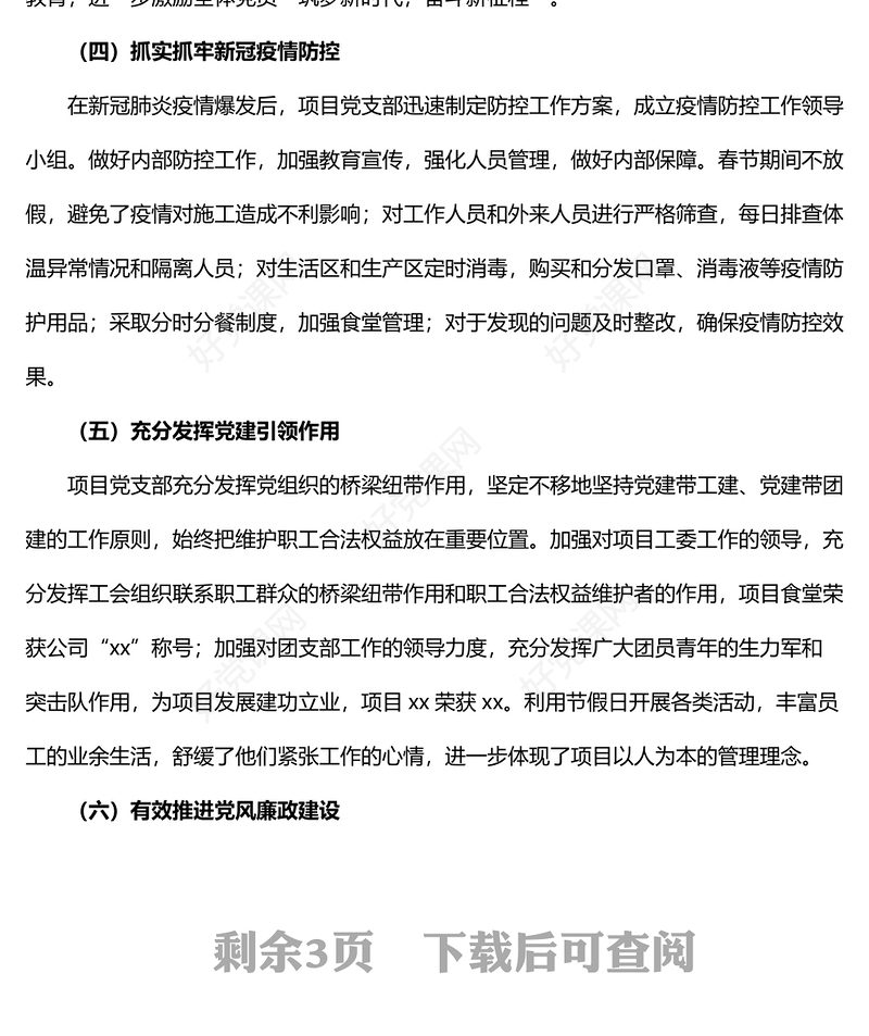 项目党支部党建工作总结范文含存在问题和下步计划工作汇报报告