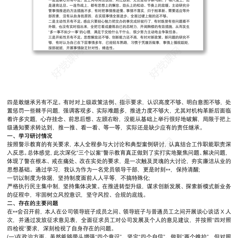 2021班子成员 三个以案 警示教育个人对照检视剖析材料