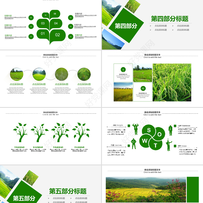 原创绿色农田稻田水稻梯田绿洲农业生产PPT模板-版权可商用