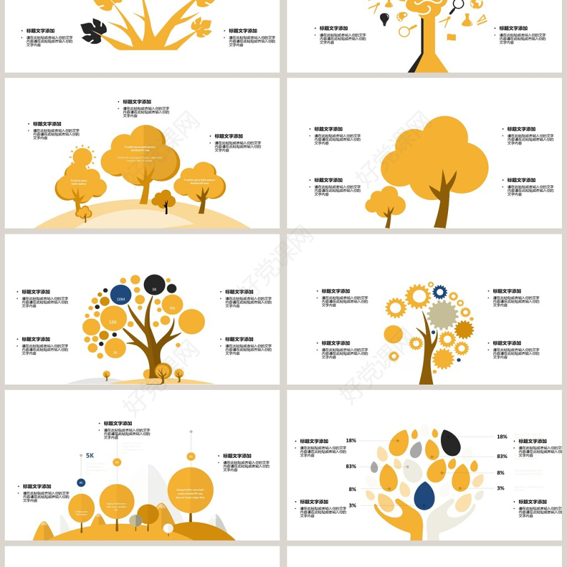 2018黄色树状类可视化图表集PPT模板