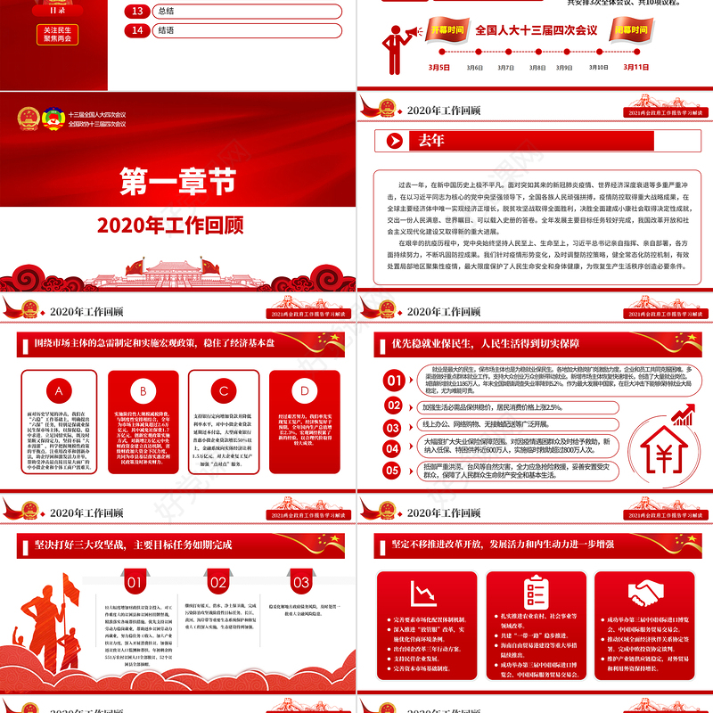 红色20201全国全国两会政府工作报告全文学习PPT模板