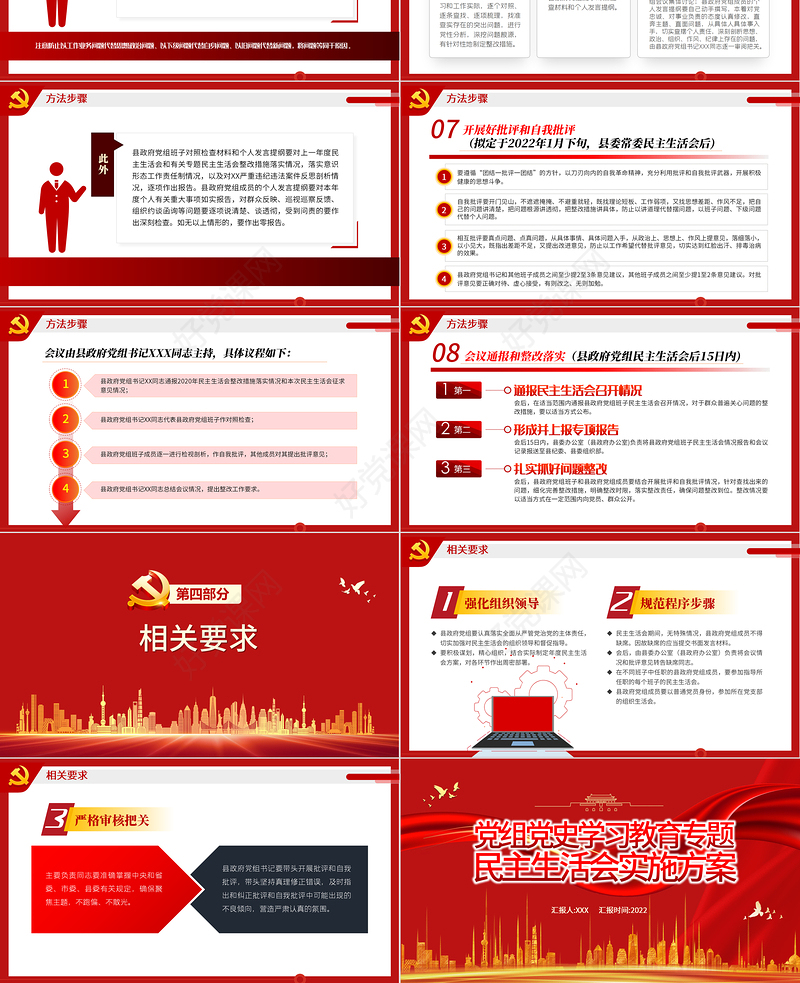 党组党史学习教育专题民主生活会实施方案PPT红色简约大气风党员干部专题党课课件