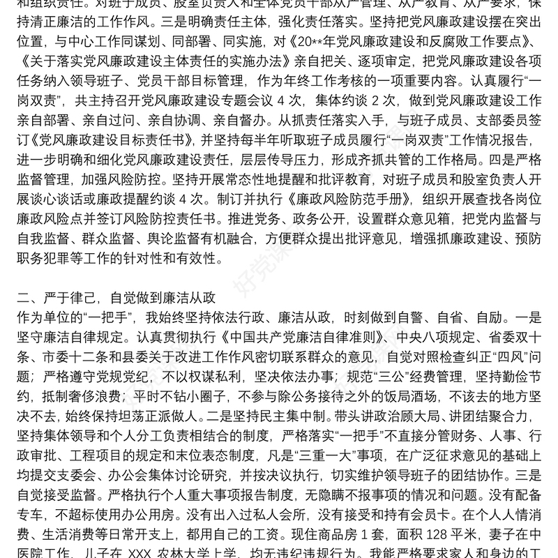 党员干部20xx年度个人述责述廉报告