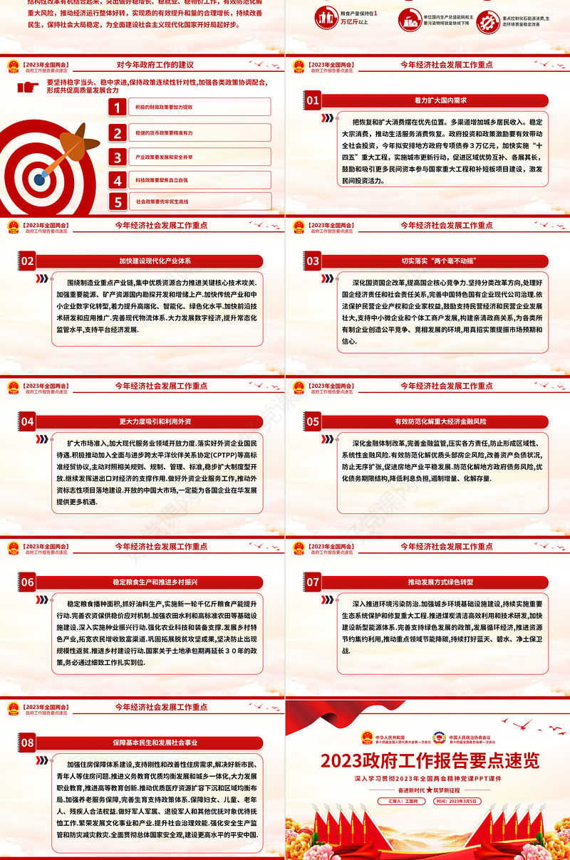 2023政府工作报告要点速览PPT红色大气深入学习贯彻全国两会精神党课课件