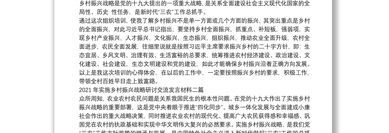 2021年实施乡村振兴战略研讨交流发言材料三篇