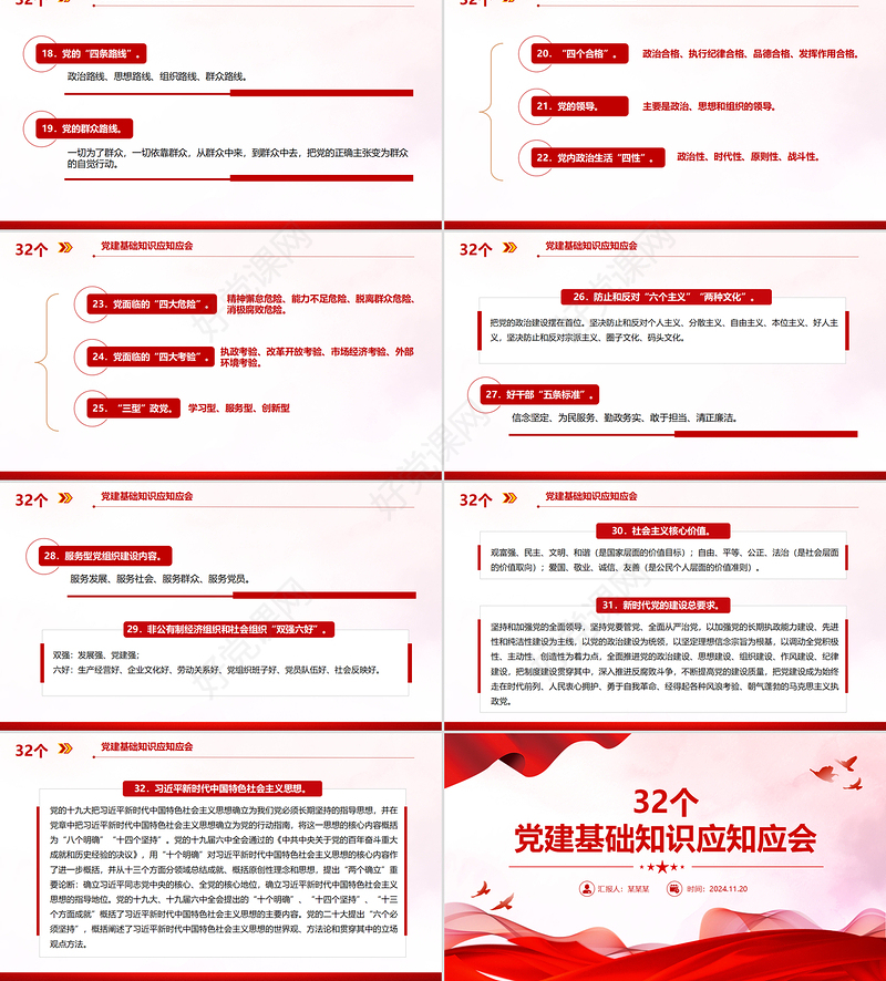 红色精美32个党建基础知识应知应会PPT课件模板