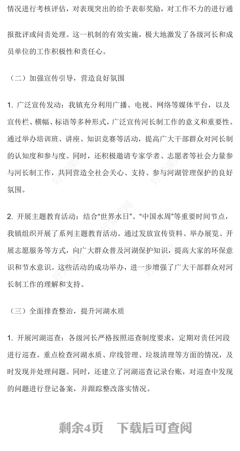 镇河长办年度工作总结范文模板