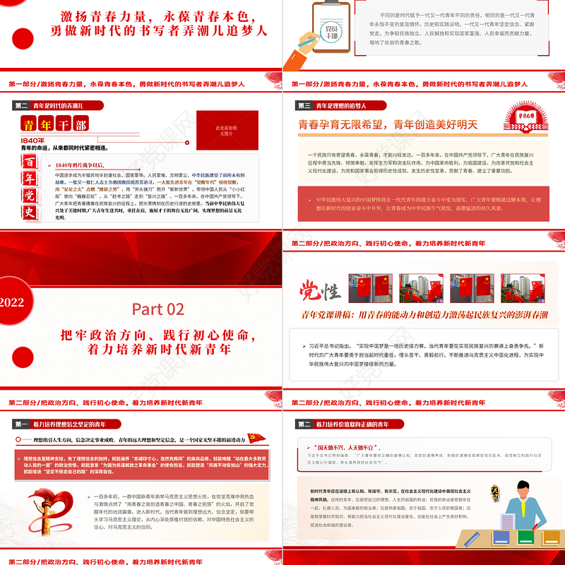 2022用青春的能动力和创造力激荡起民族复兴的澎湃春潮PPT红色大气风青年微党课课件模板