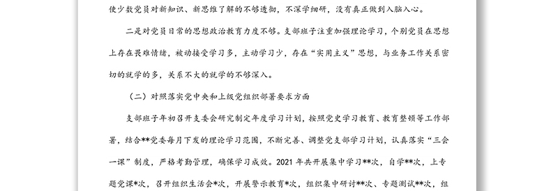 公安系统党支部班子2021年度组织生活会对照检查材料