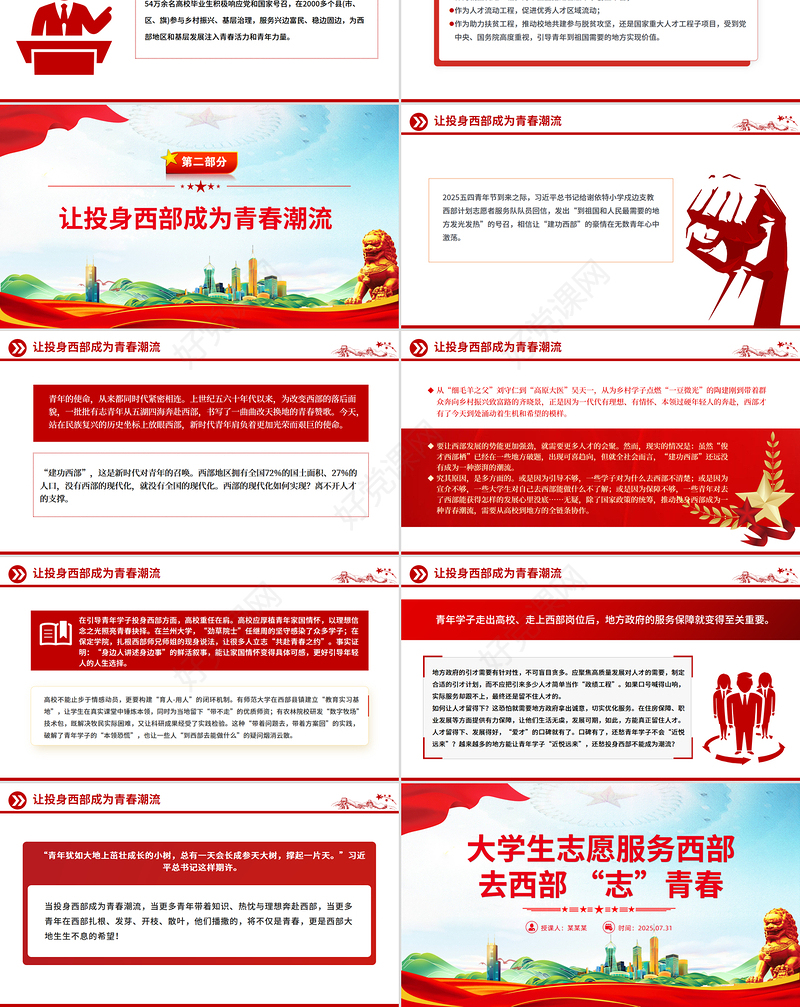 党政风大学生志愿服务西部PPT去西部志青春课件