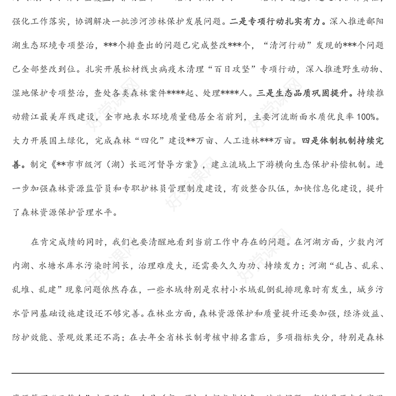 市长在市级总河（湖）长和总林长会议上的讲话