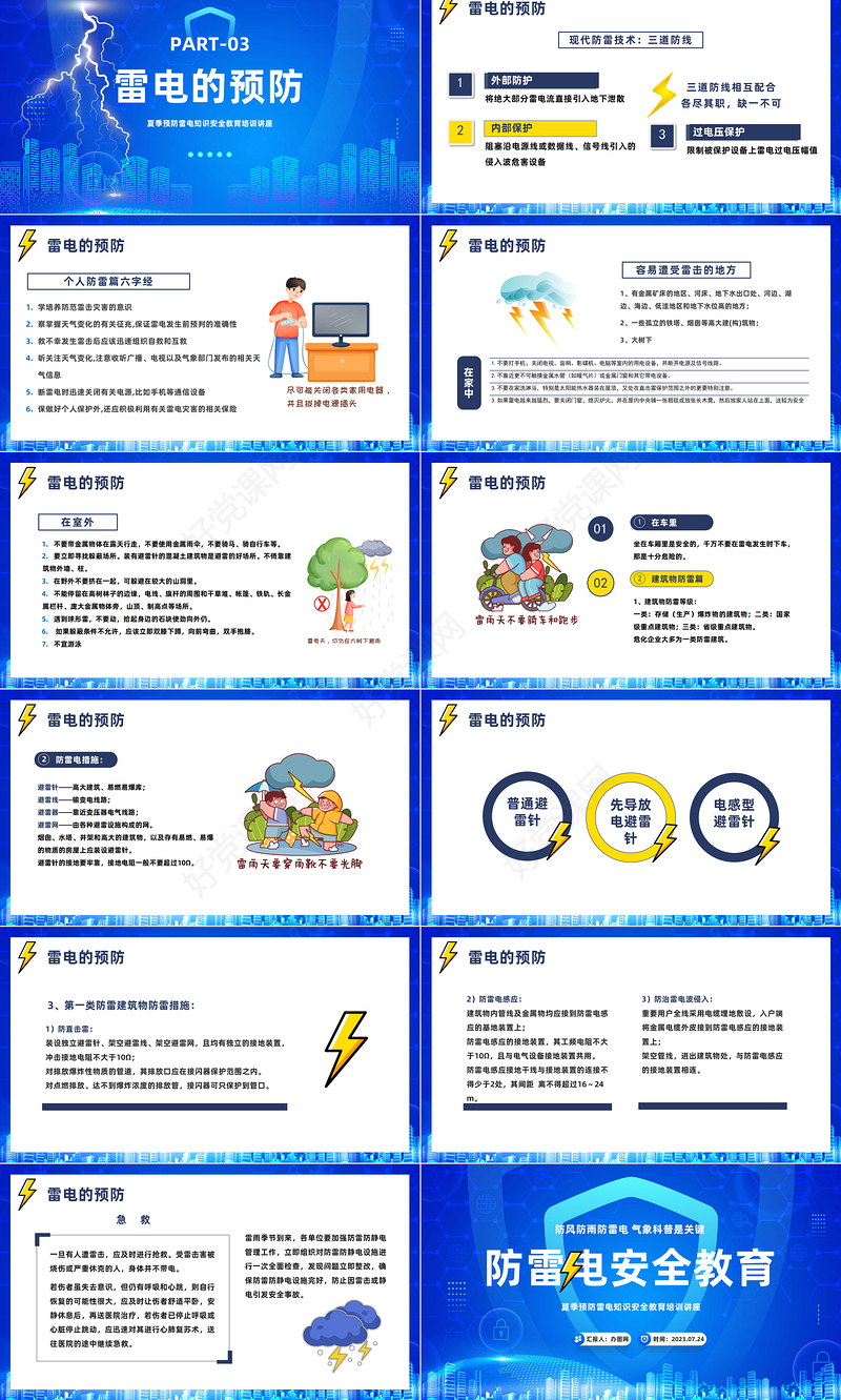 2023防雷电安全教育PPT卡通风夏季预防雷电知识安全教育培训讲座课件模板