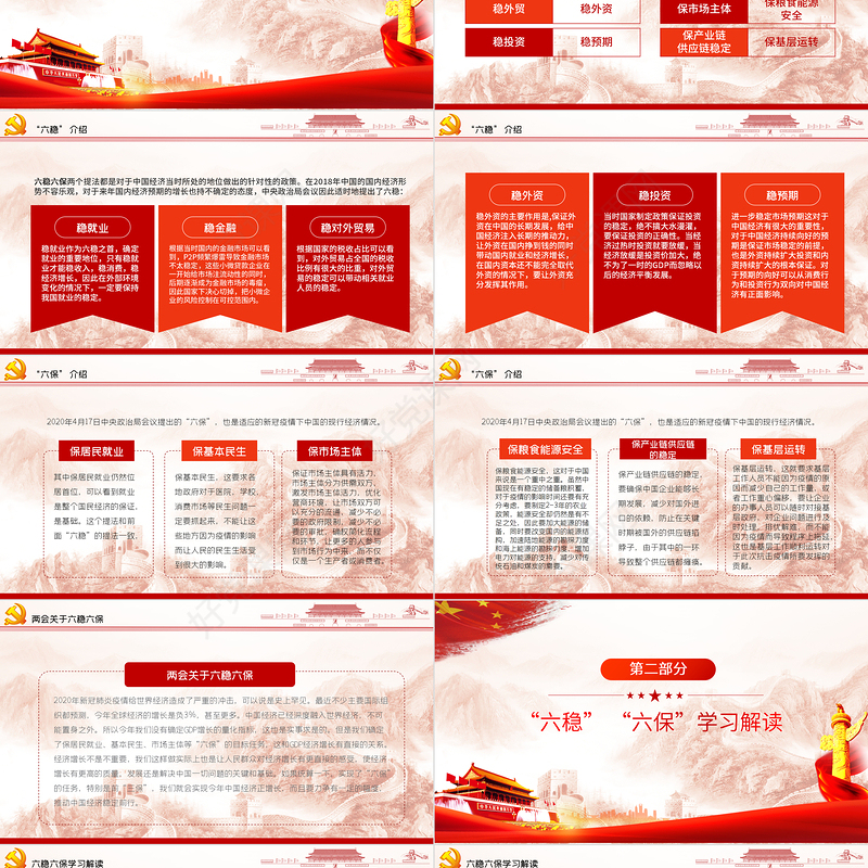 大气红色六稳六保党课学习PPT模板