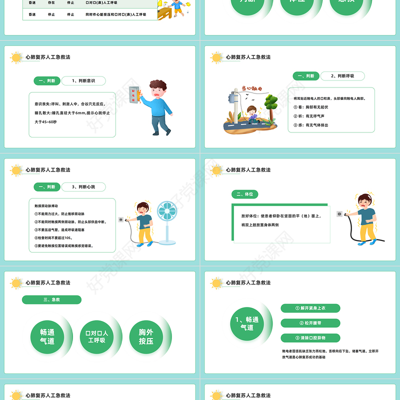2022触电急救知识PPT绿色卡通风触电急救知识科普培训讲座课件模板