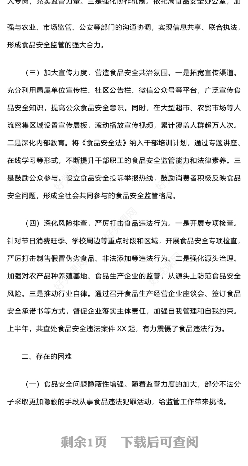 2024年上半年食品安全监管工作总结下载