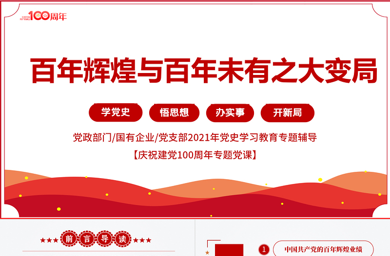 2021百年辉煌与百年未有之大变局PPT党政部门2021年党史学习教育专题党课PPT模板