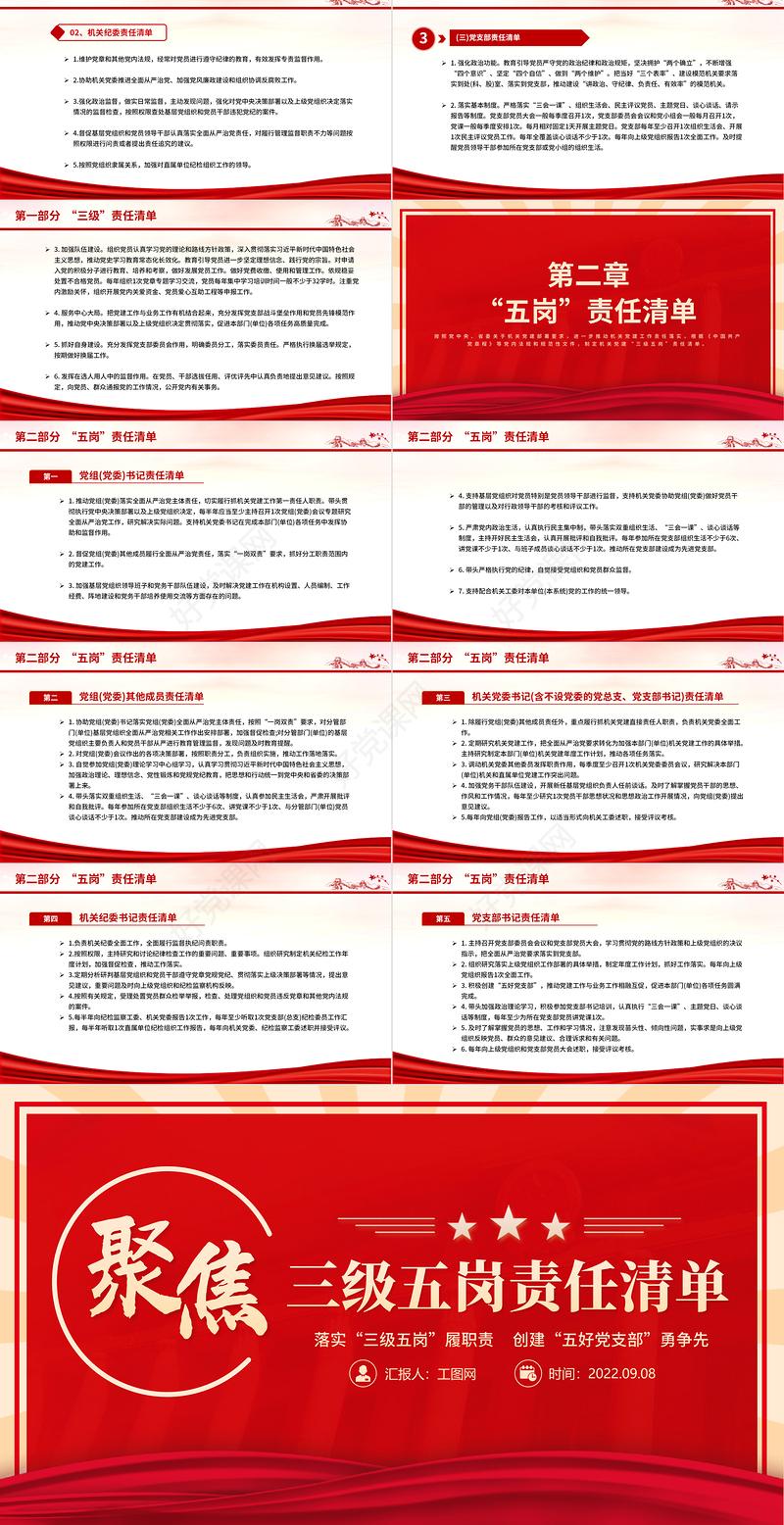 2022机关党建“三级五岗”责任清单PPT红色创意落实三级五岗履职责创建五好党支部勇争先党课