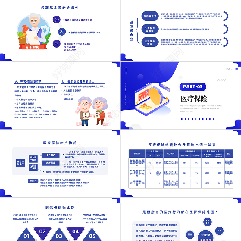 2022企业五险一金知识培训PPT蓝色插画风企业社会保险基础知识课件模板