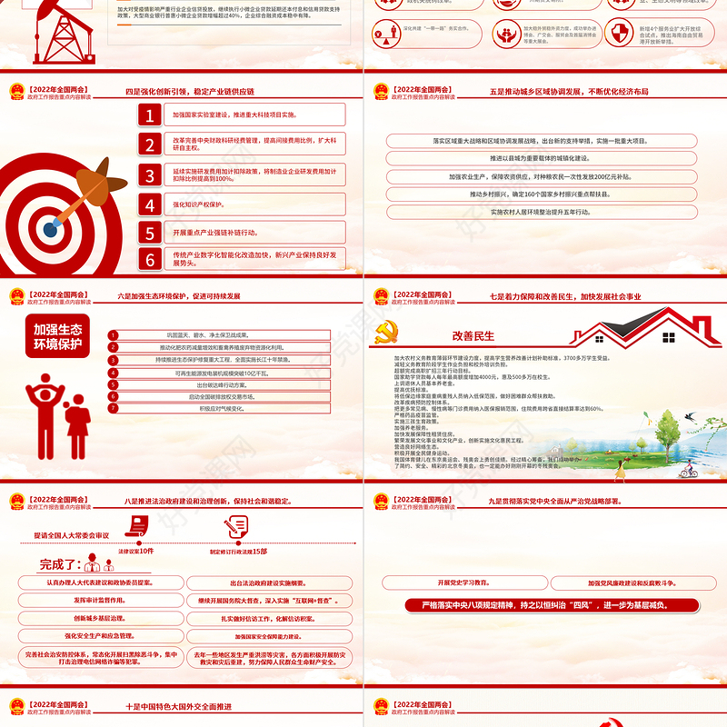 2022政府工作报告全文PPT红色大气深入学习贯彻全国两会精神党课课件