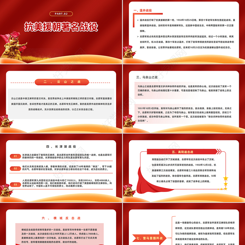 2023抗美援朝73周年纪念日PPT红色简约风纪念中国人民志愿军抗美援朝73周年专题课件模板下载