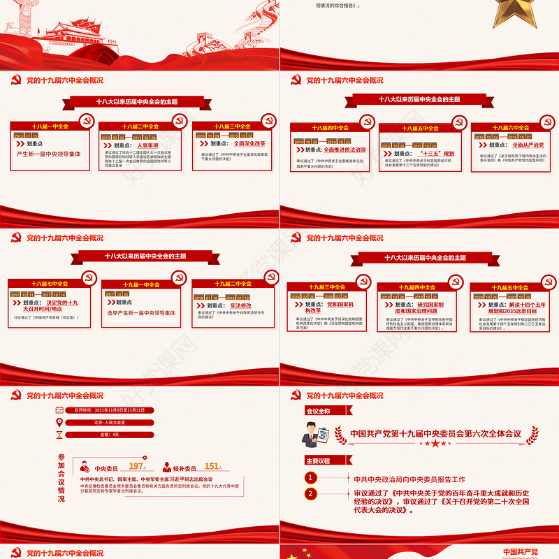 十九届六中全会公报PPT红色党政风中国共产党第十九届中央委员会第六次全体会议公报全文内容党课