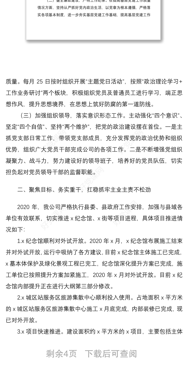 旅游公司党支部书记、董事长2020年度述职报告