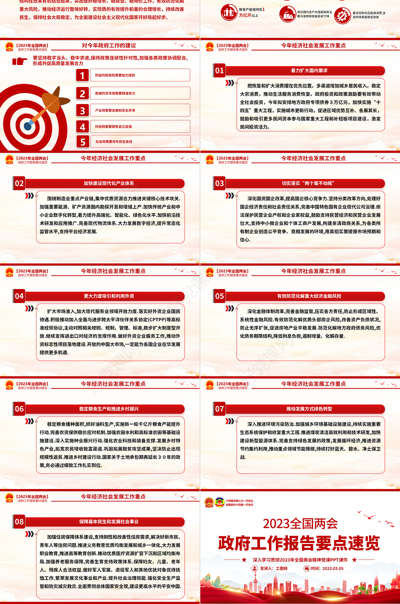 2023政府工作报告要点速览PPT精美简洁深入学习贯彻全国两会精神党课课件