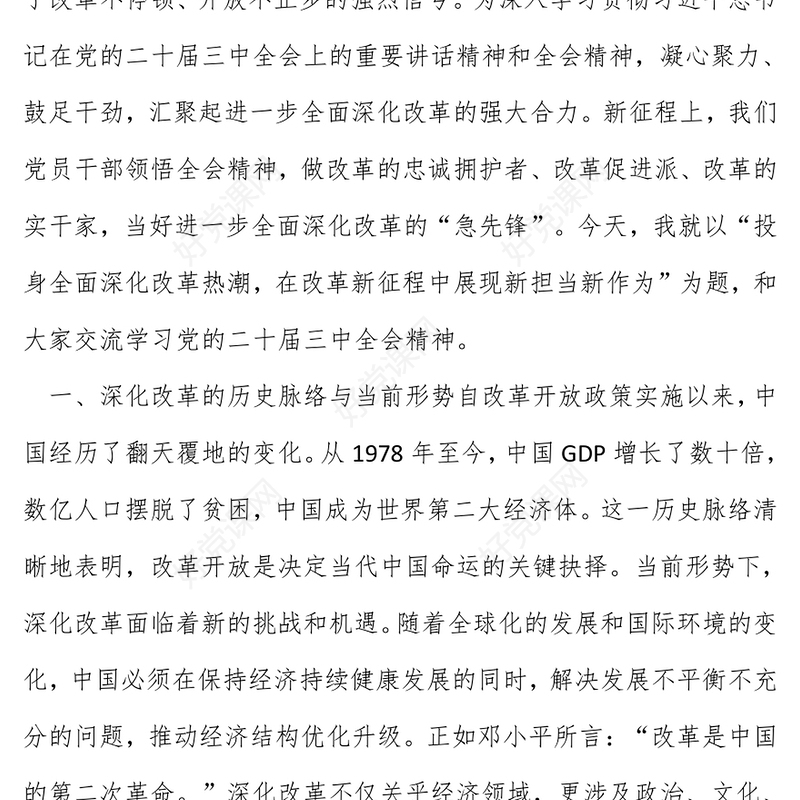 党的二十届三中全会精神专题党课发言稿：投身全面深化改革热潮，在改革新征程中展现新担当新作为
