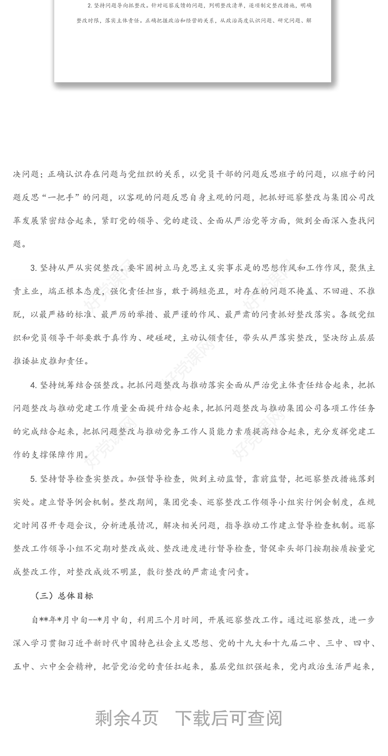 某国有企业落实巡察整改工作方案