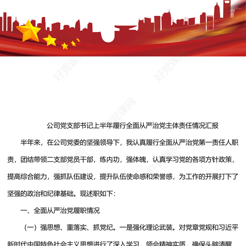 公司党支部书记上半年履行全面从严治党主体责任情况汇报