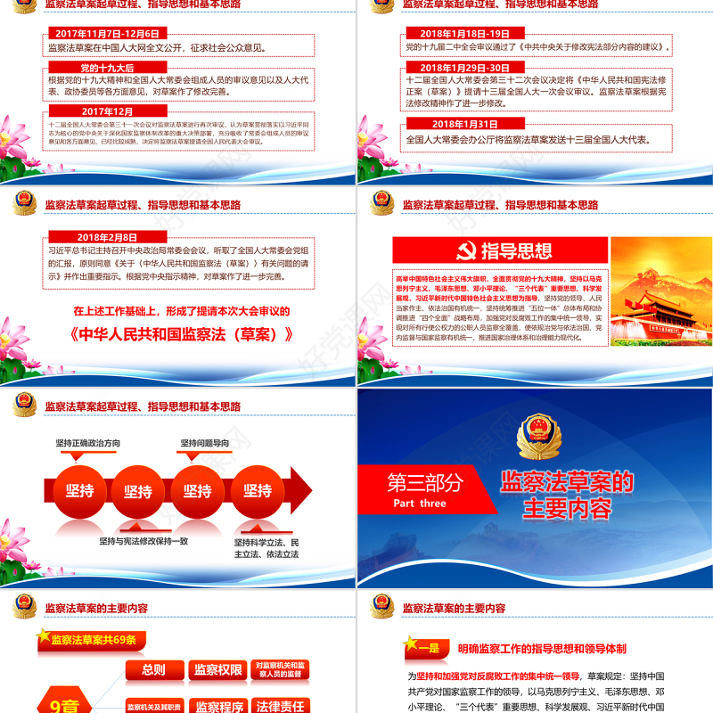党课蓝色大气国家监察法权威发布解读两会监察体制改革PPT模板