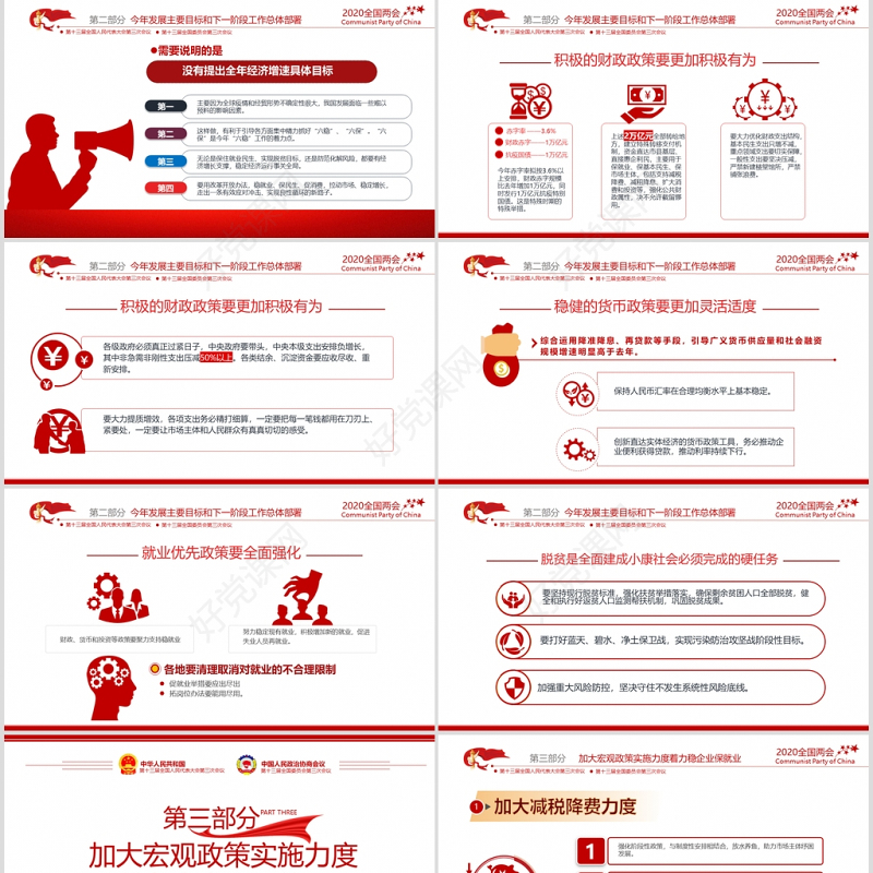 聚焦学习2020全国两会政府工作党建党政ppt模板党支部团支部