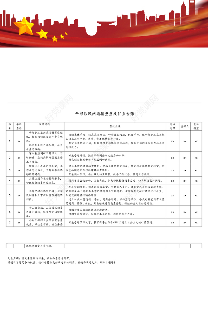 干部作风问题排查整改任务台账