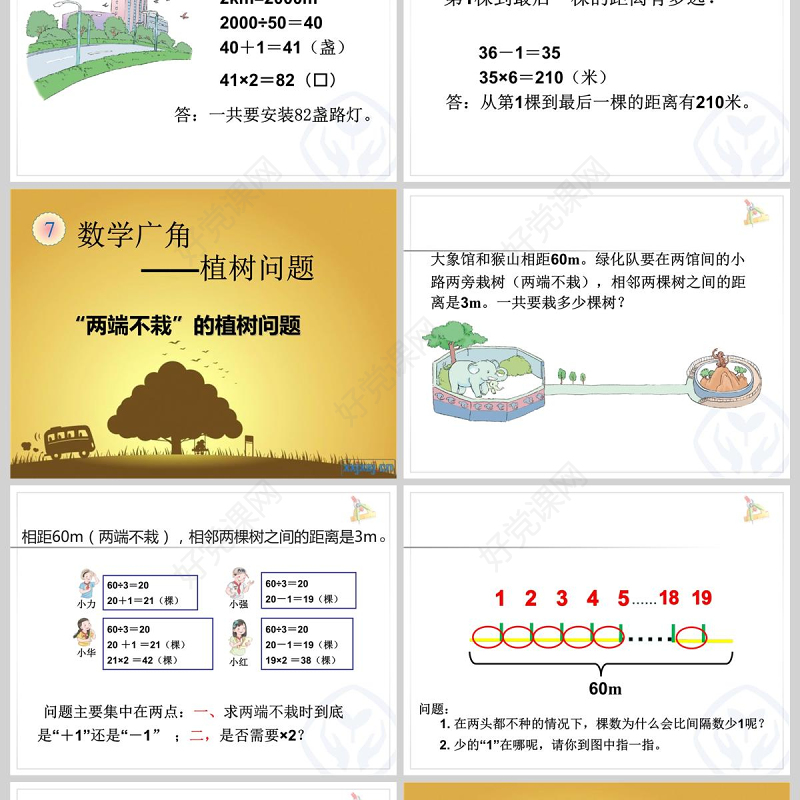  植树问题-例1、例2(两端栽、两头不栽、一端栽一端不栽)ppt模板