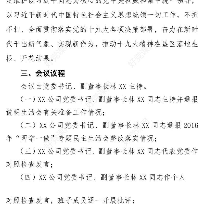 2017年度XX公司民主生活会会议议程