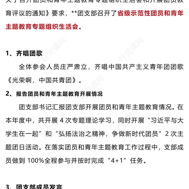 团组织生活会PPT红色精美团员和青年主题教育示范性专题组织生活会模板(讲稿)