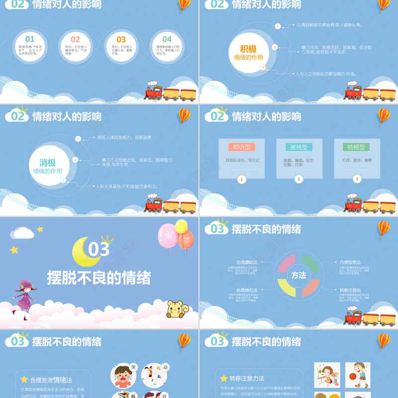 蓝绿色可爱卡通儿童小清新我的情绪我做主主题班会活动PPT模板