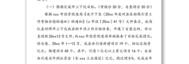 县投资促进局关于完成工作目标任务的自查报告范文（招商局）