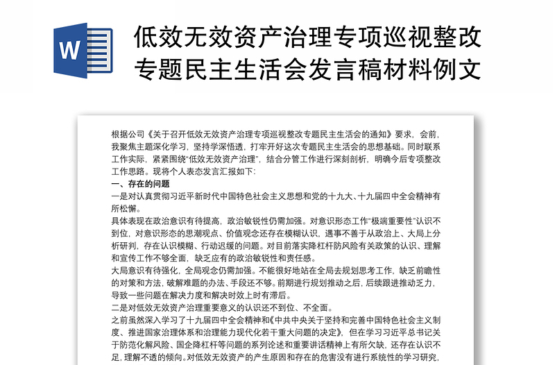 低效无效资产治理专项巡视整改专题民主生活会发言稿材料例文