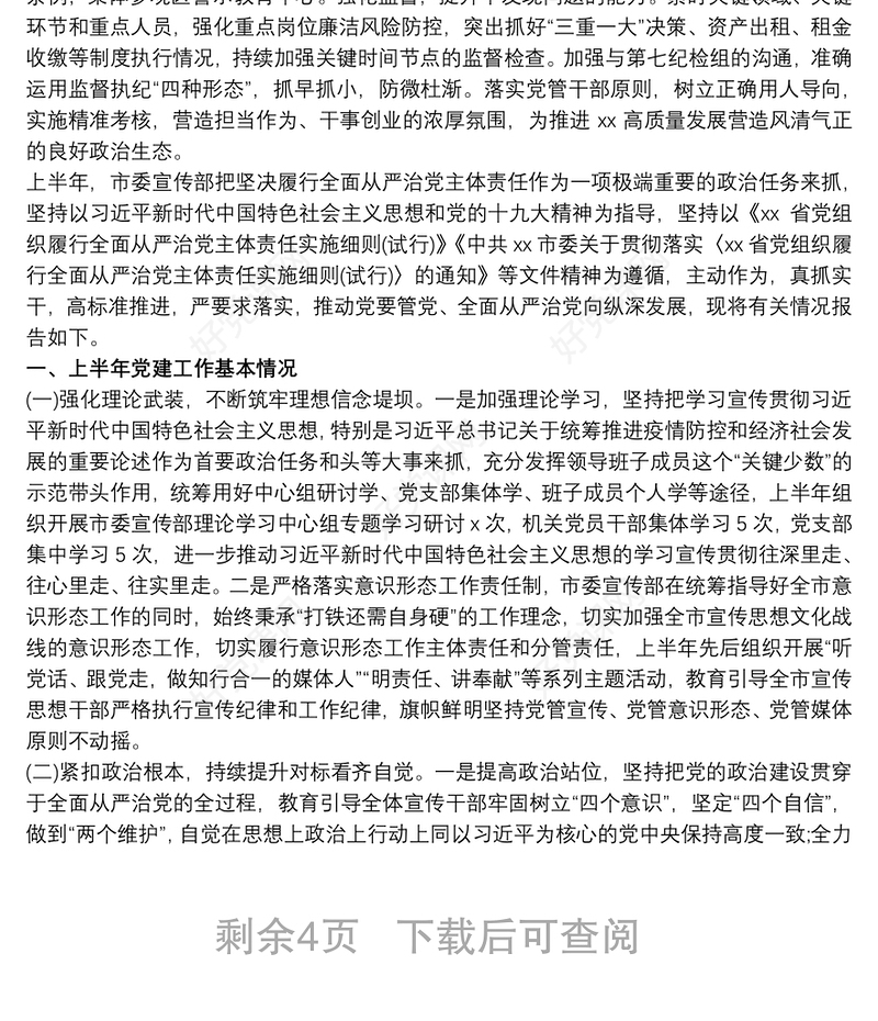 2021最新党委书记20xx年上半年履行全面从严治党第一责任人情况报告