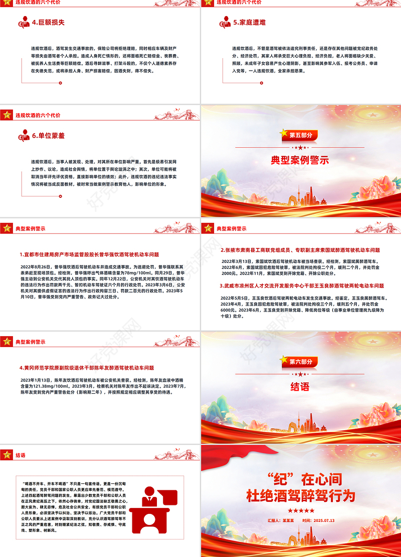 红色简洁“纪”在心间杜绝酒驾醉驾行为PPT作风建设课件