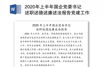 2020年上半年国企党委书记述职述德述廉述法报告党建工作