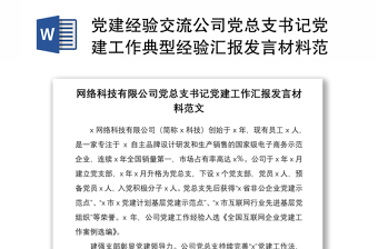 2021党建经验交流公司党总支书记党建工作典型经验汇报发言材料范文网络科技公司非公企业