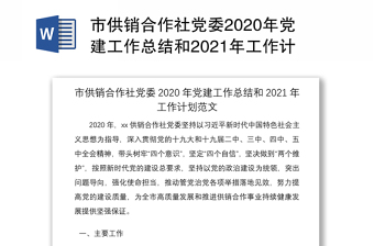市供销合作社党委2020年党建工作总结和2021年工作计划