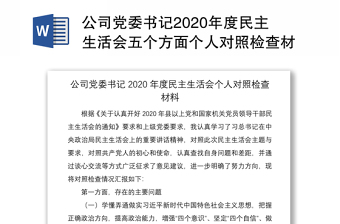 公司党委书记2020年度民主生活会五个方面个人对照检查材料范文