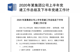 2020年某集团公司上半年党建工作总结及下半年党建工作计划