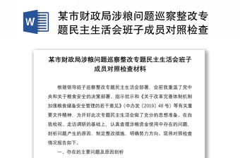 某市财政局涉粮问题巡察整改专题民主生活会班子成员对照检查材料