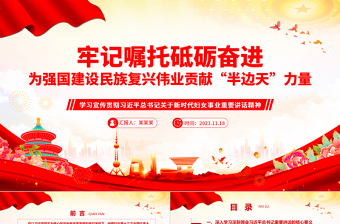 为全面推进强国建设民族复兴伟业贡献巾帼智慧和力量ppt大气精美学习宣传贯彻习近平总书记关于新时代妇女事业重要讲话精神党员党组织学习培训党课课件